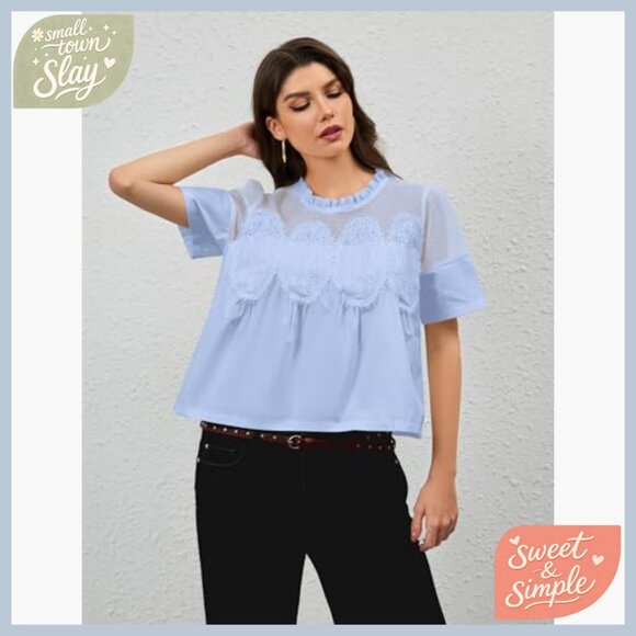 Lace Trim Babydoll Blouse Puff Sleeve Mock Neck See Through Mesh Top - Picture 6 of 7